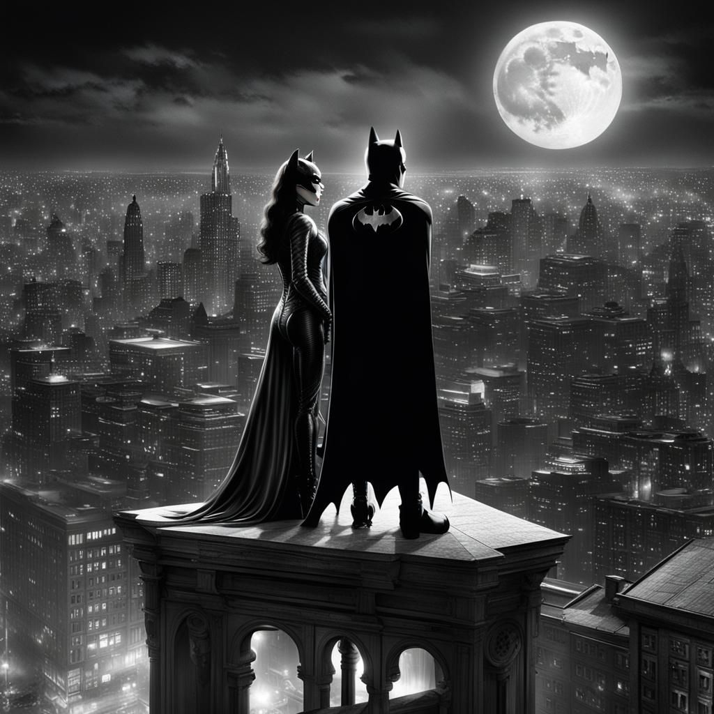 Batman and Catwoman Kiss in Moonlit Black and White