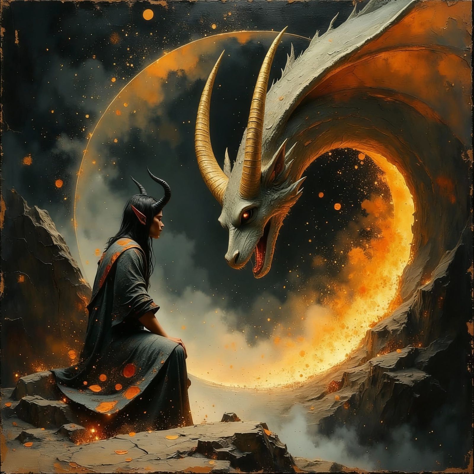 Tiefling Faces Majestic Dragon Emerging From Oil Paint Porta...