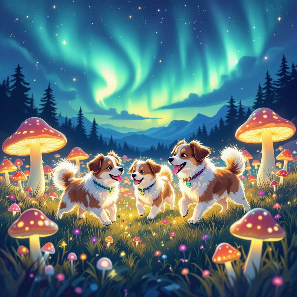 Bioluminescent Dogs Among Glowing Mushrooms Under Aurora