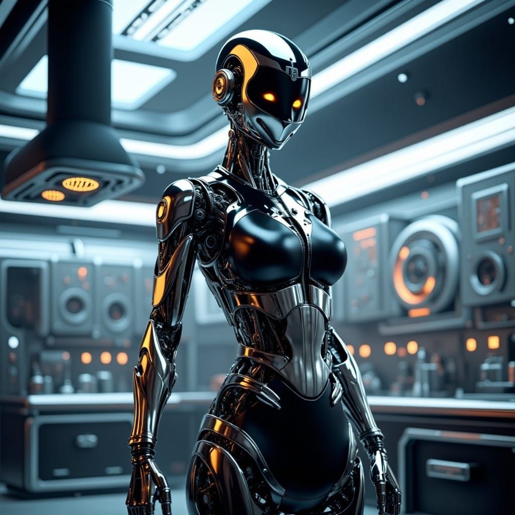 Cyborg Maid in Futuristic Kitchen, Cyberpunk Style