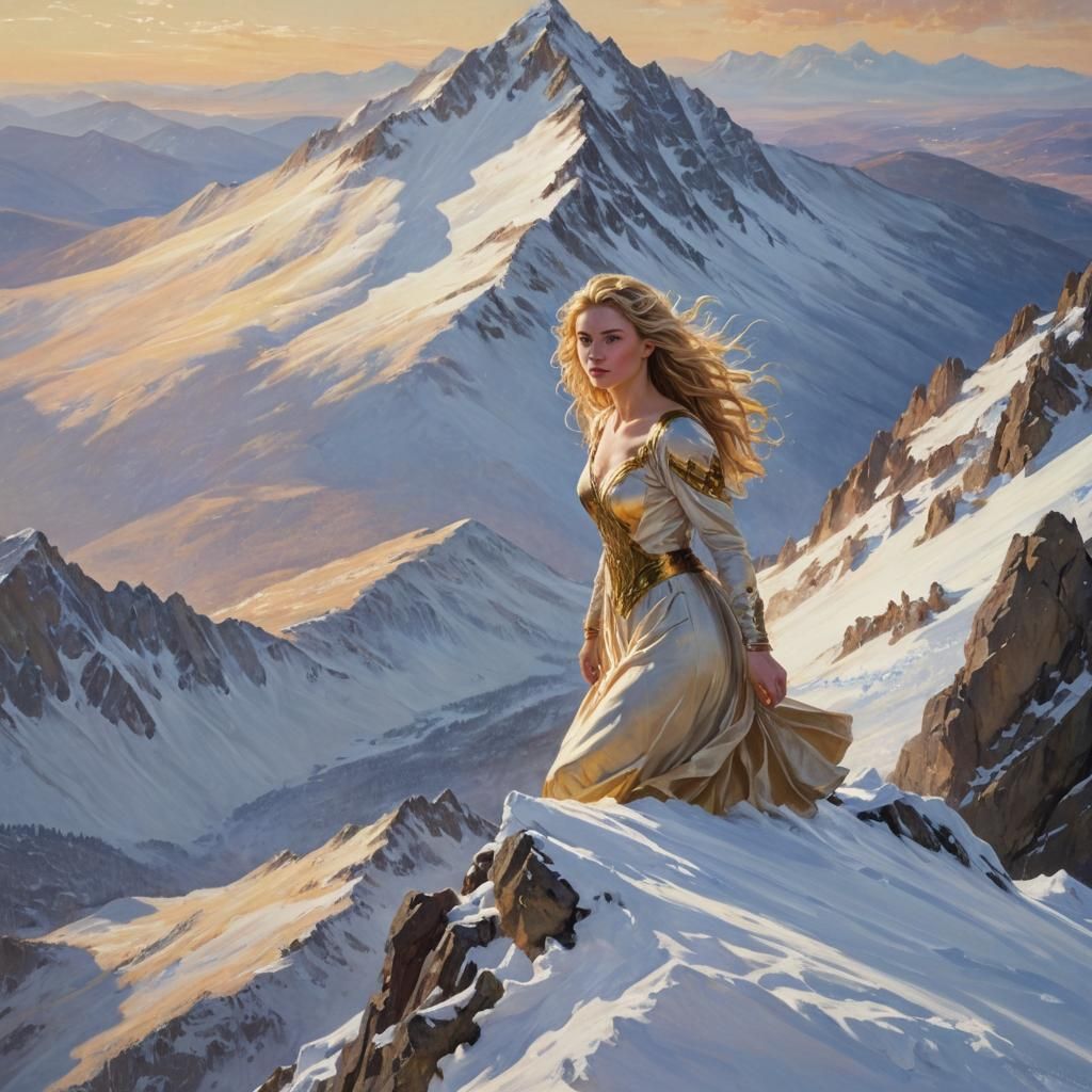 Young Woman on Mountain Peak at Sunset