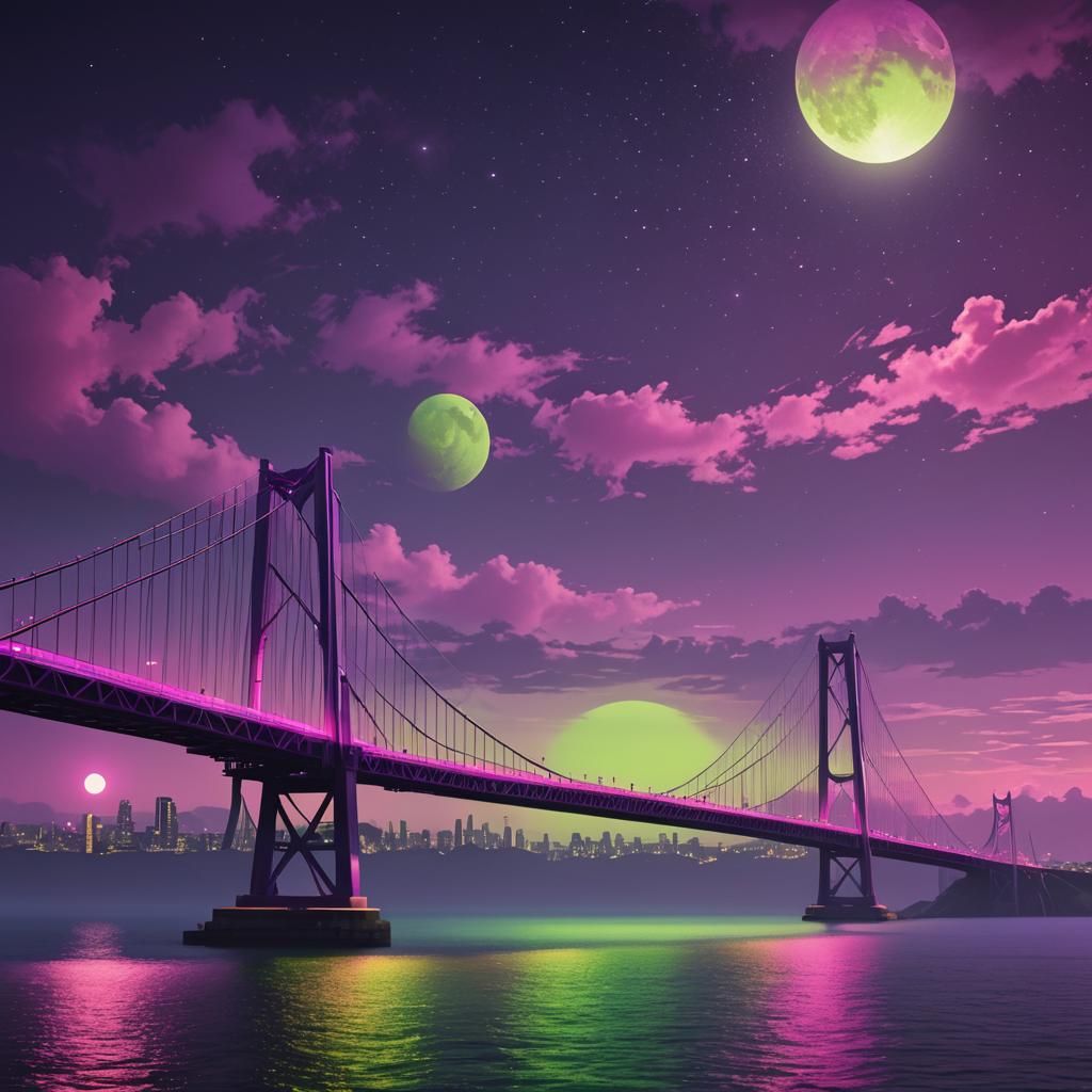 Hyperrealistic Multicolor Bridge with Moonlit Shadows