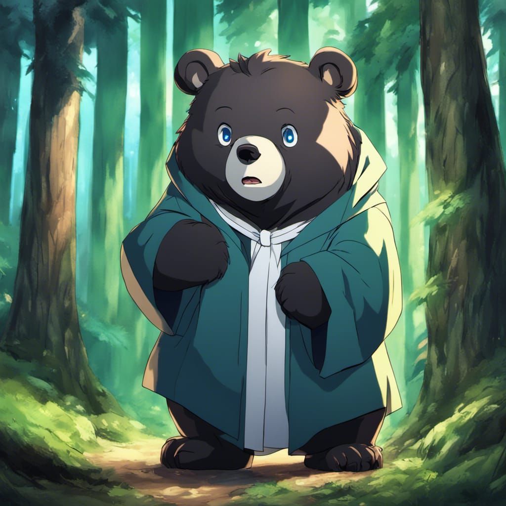 Anime Bear Portrait in Forest, Deep Color, 8K