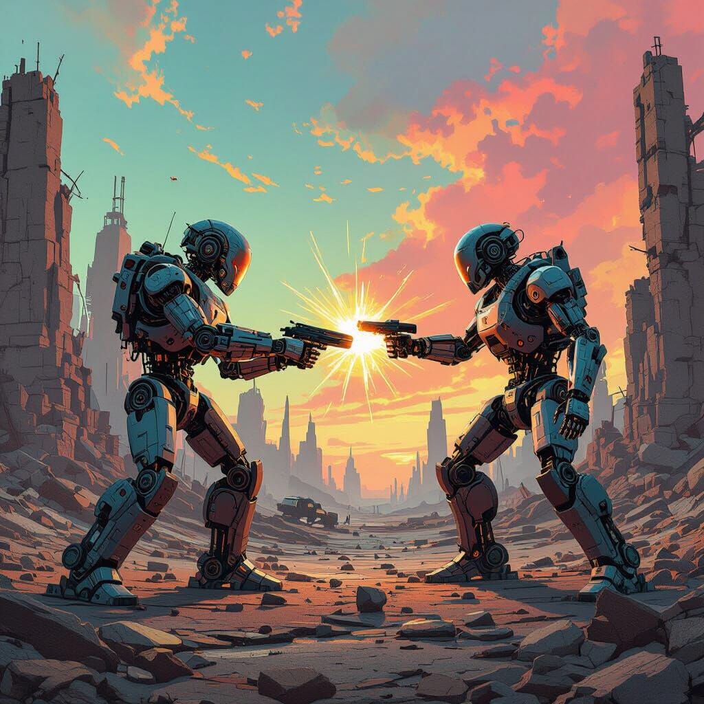 Robots Duel in Post-Apocalyptic Landscape, Matte Painting