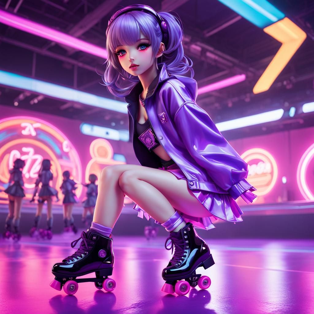 Kawaii Doll on Roller Rink in Neon Colors
