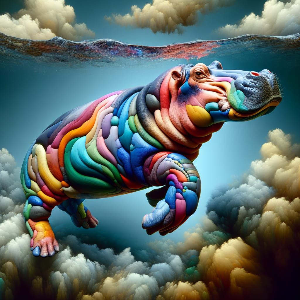 Vibrant Cubist Hippopotamus in Murky Depths