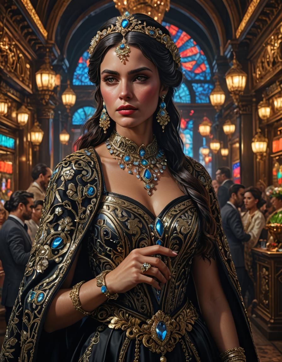 Beautiful Dark-Haired Woman in Ornate Clothes