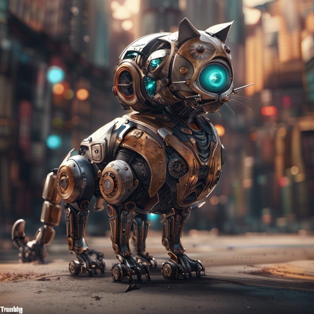 Detailed Robot Cat Digital Painting