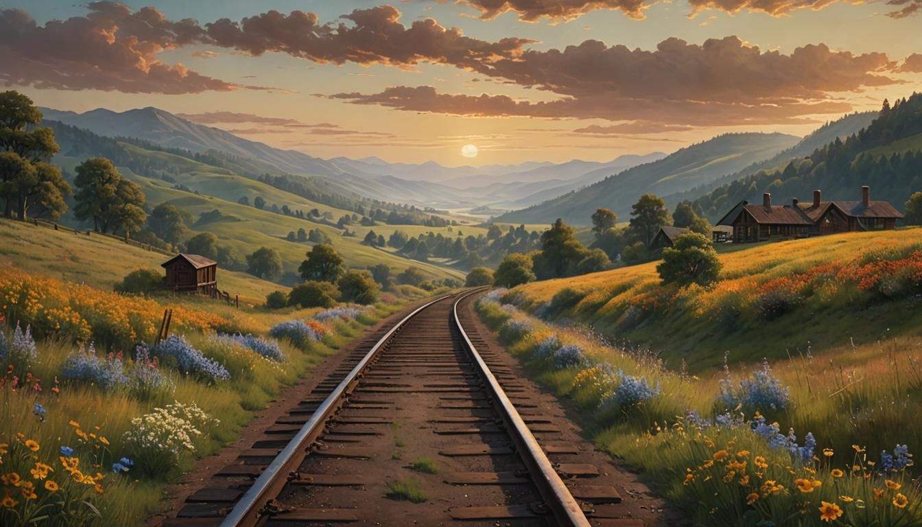 Pastoral Railroad Landscape in Bierstadt Style