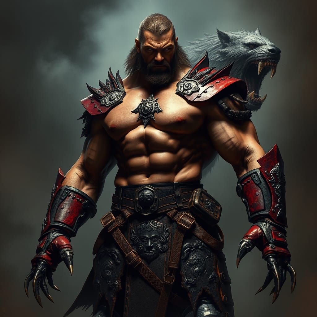 Armored Werewolf Bodybuilder in Fog, Dark Fantasy Art