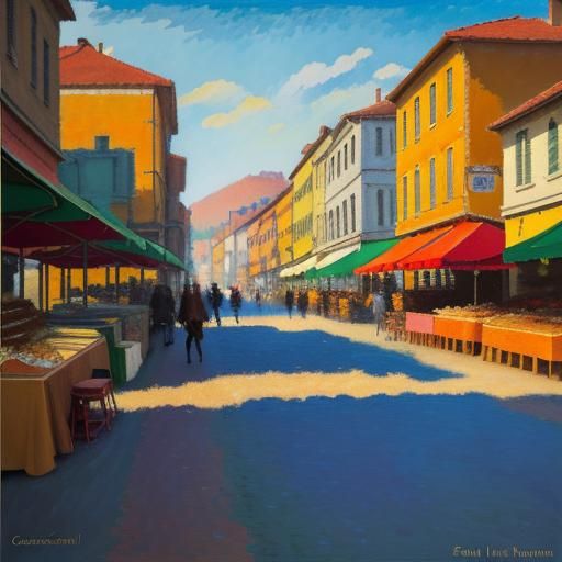 Cat in Coat at Street Food Market as Oil Painting