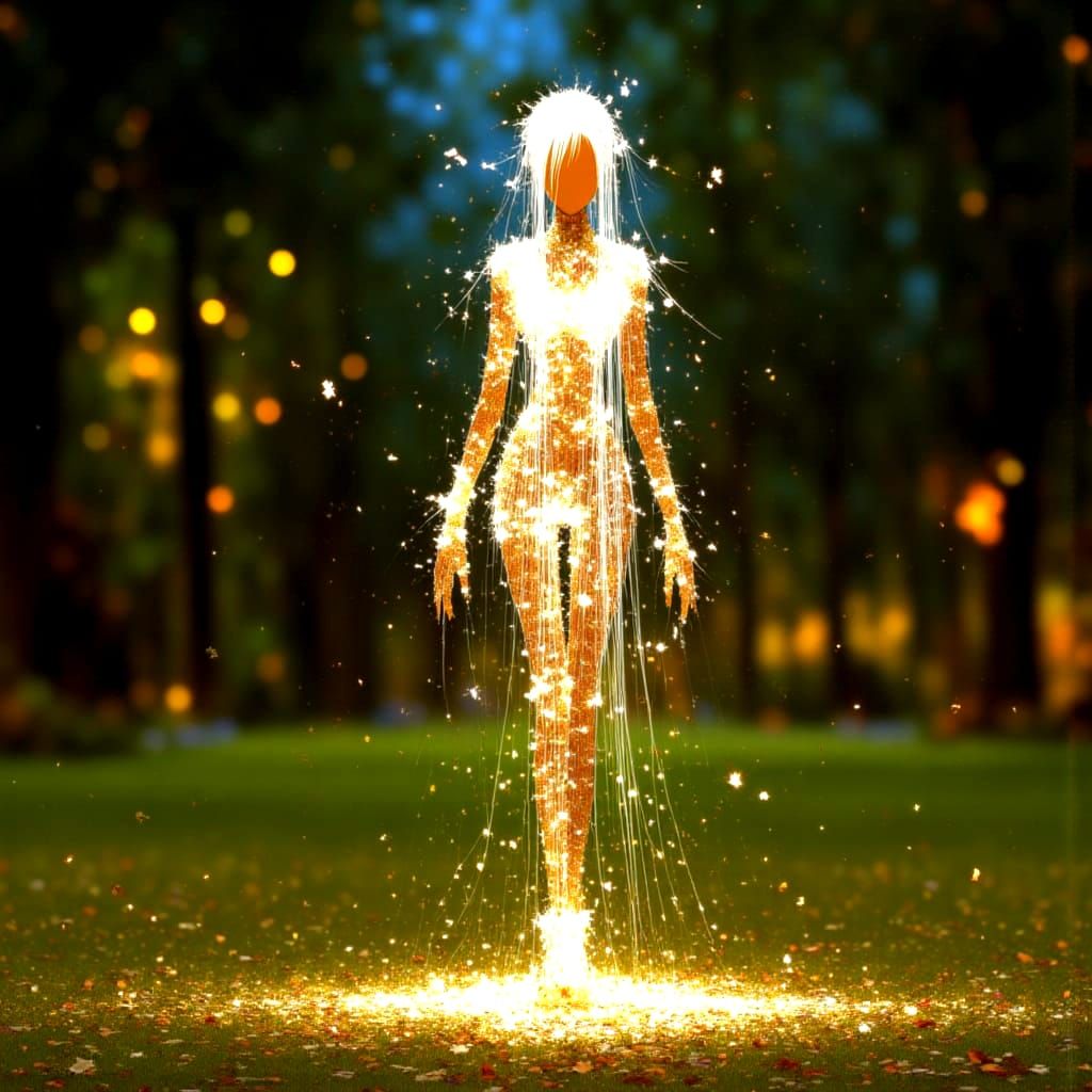 Glowing Woman in Luminescent Park at Night