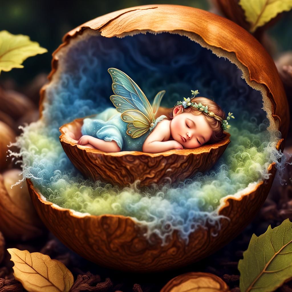 Tiny Fairy Baby Asleep in Walnut Shell