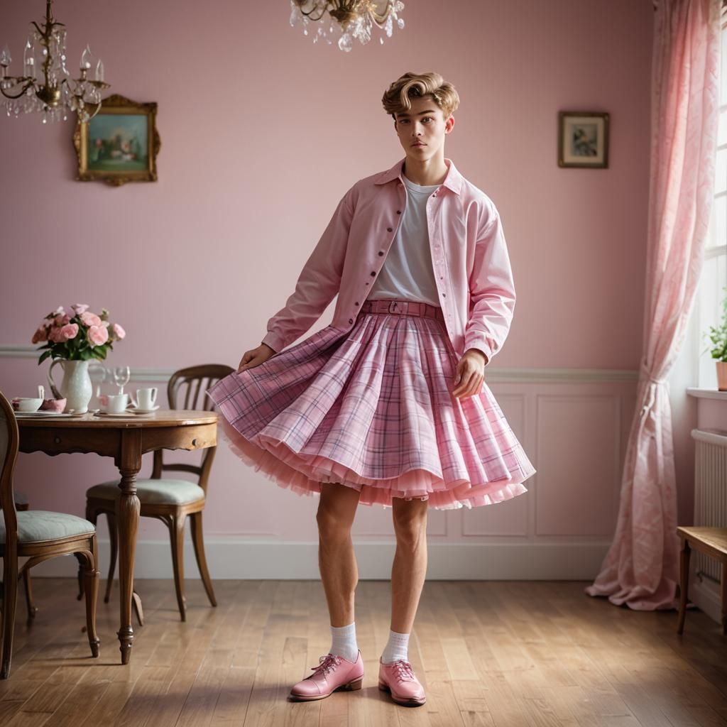 Boy in Pink Dress Lifts Skirt: Portrait Photography