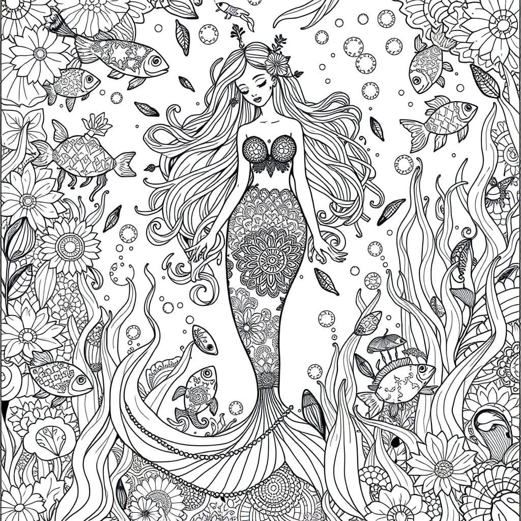 Enchanting Black and White Mermaid Scene in Line Drawing