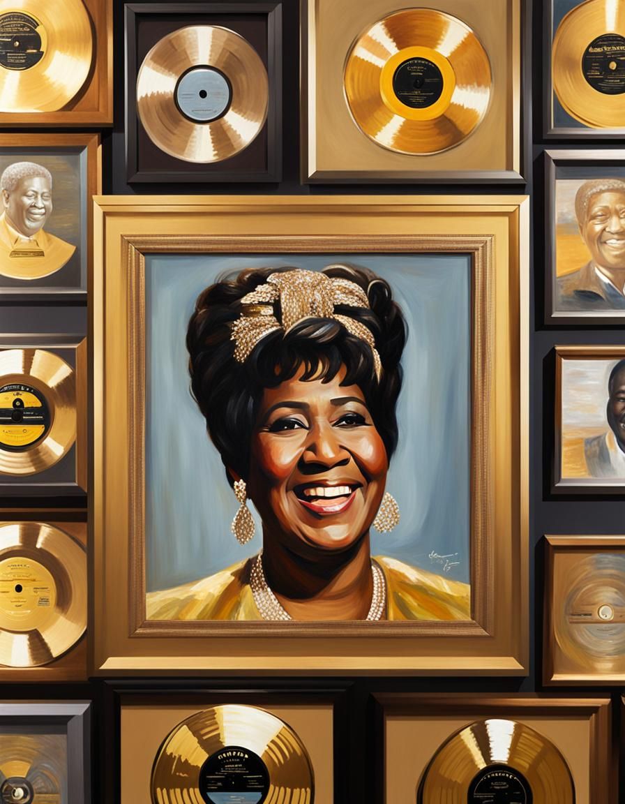 Aretha Franklin Portrait with Gold Records in Oil Paint