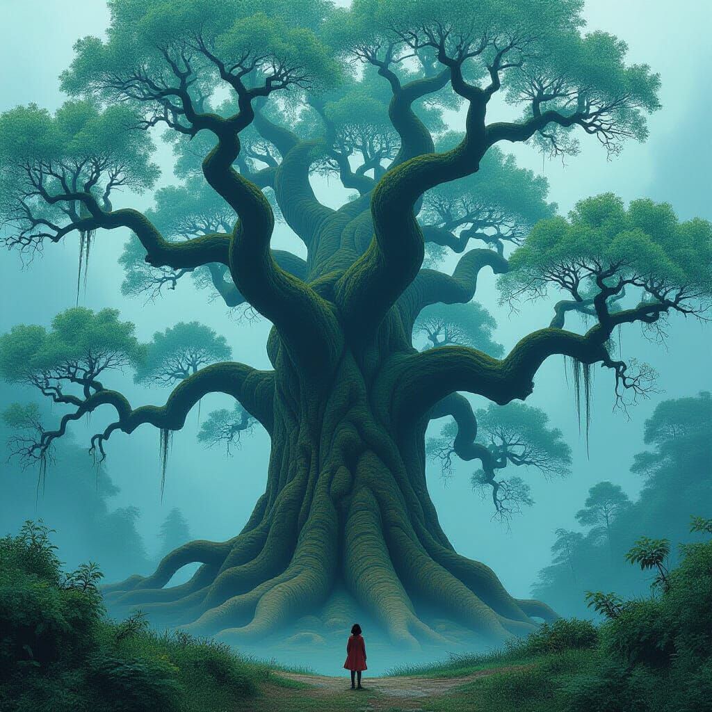 Mystical Ancient Tree in Misty Forest