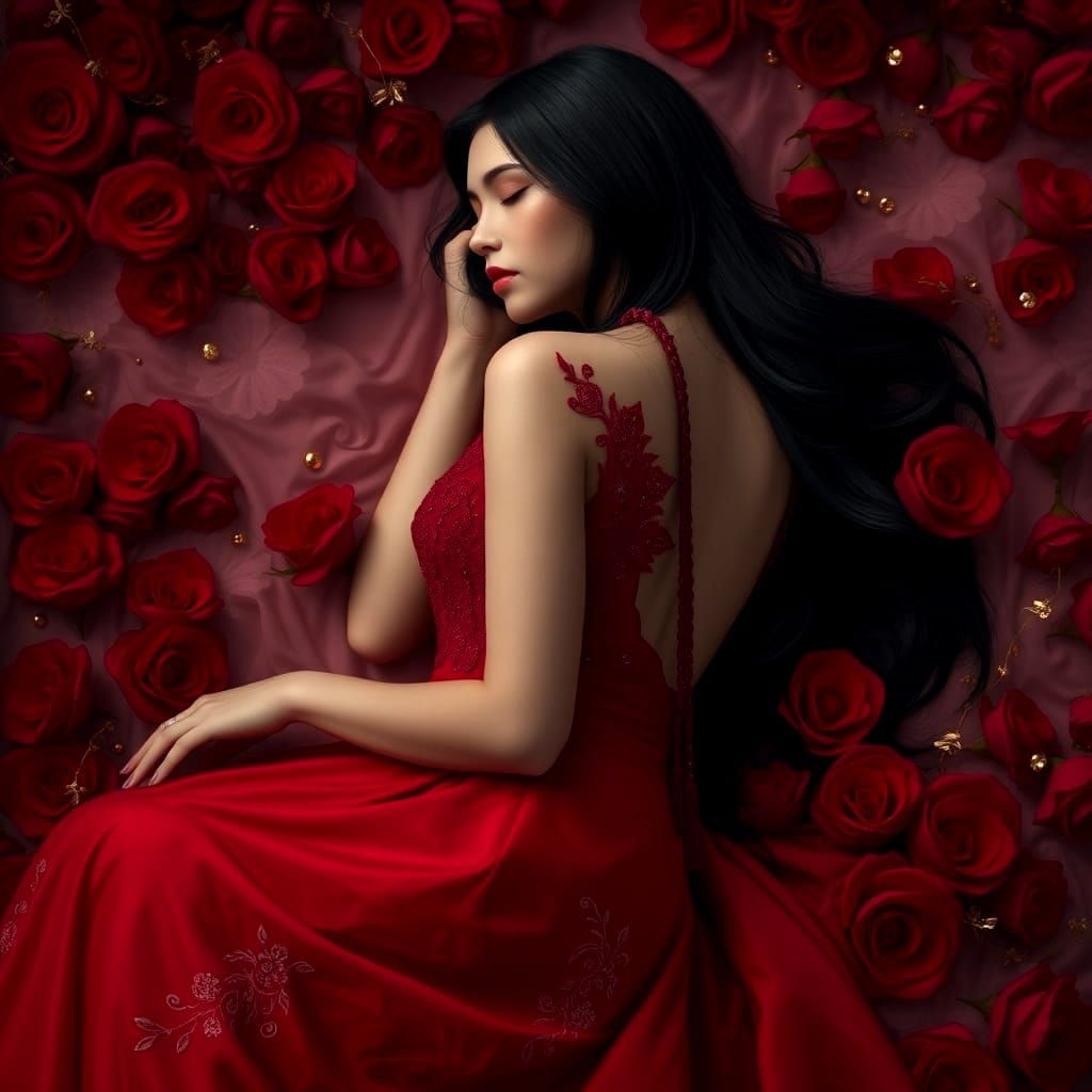 Ethereal Goddess Slumbers Among Crimson Roses