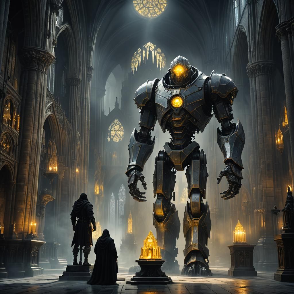 Steel Golem in Gothic Sci-Fi Cathedral