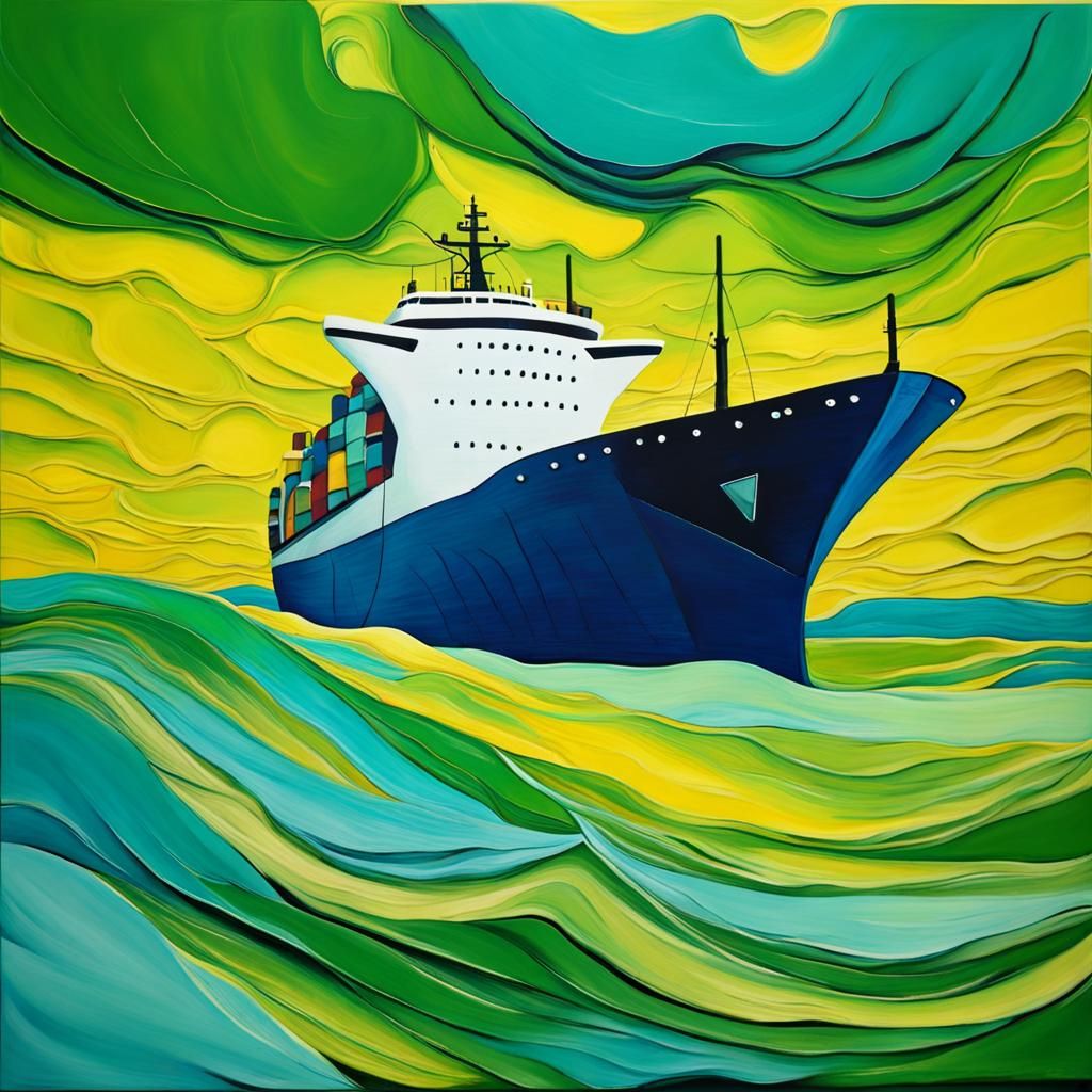 Abstract Ship on Blue Ocean with Yellow Foam
