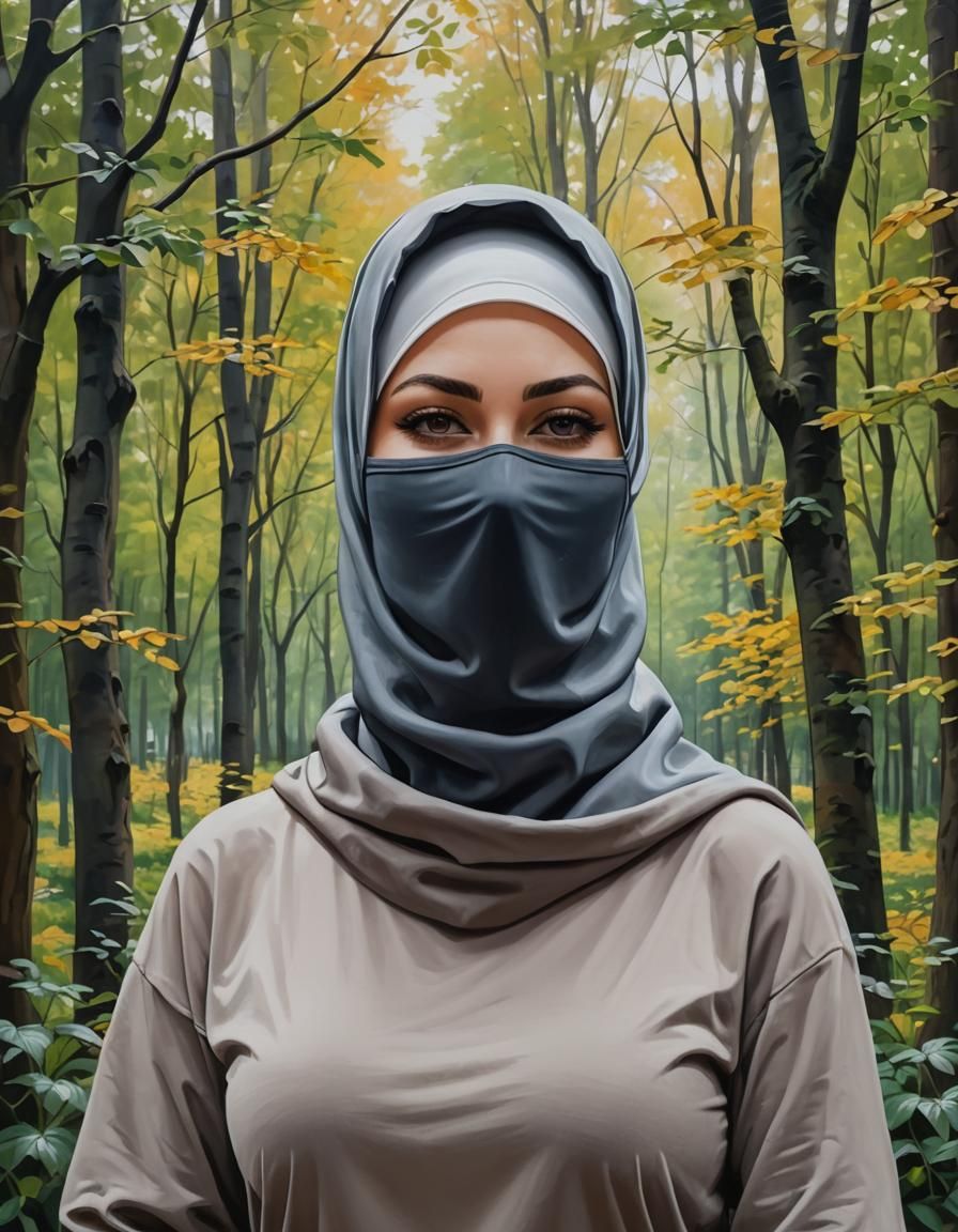 Woman in Hijab and Balaclava in Forest Garden