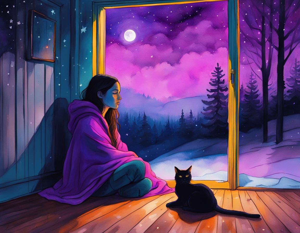 Girl with Cat on Porch in Watercolor Painting