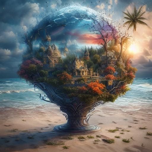 Tropical Island Sunset in Digital Watercolor Painting