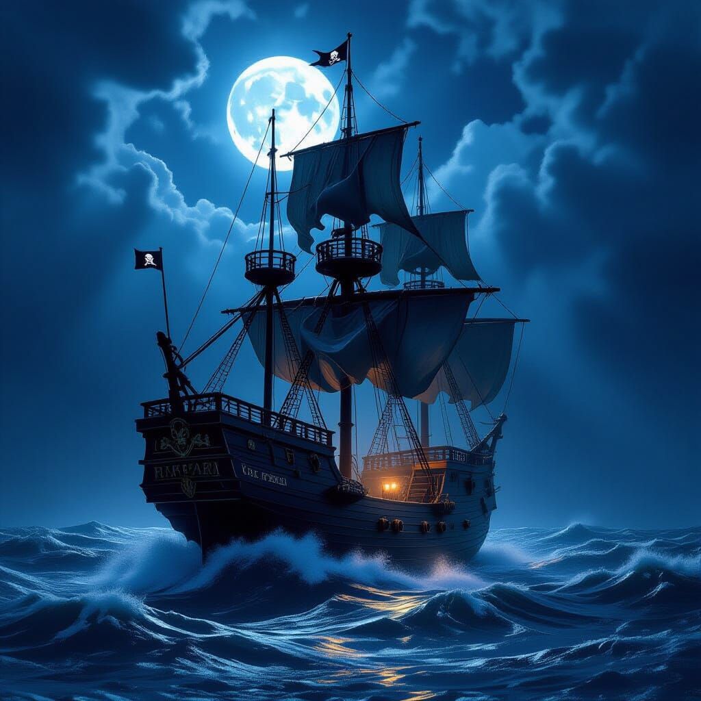 Black Pearl Ship Sailing Stormy Seas Under Full Moon