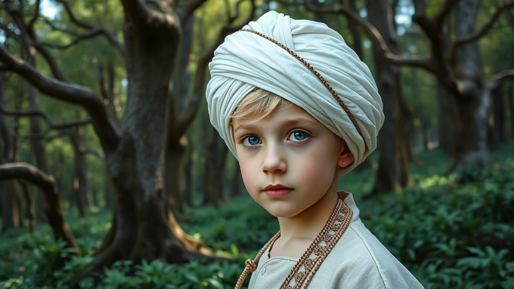 Surreal Blond Boy in Elegant Iranian Turban amidst Lush Fore...