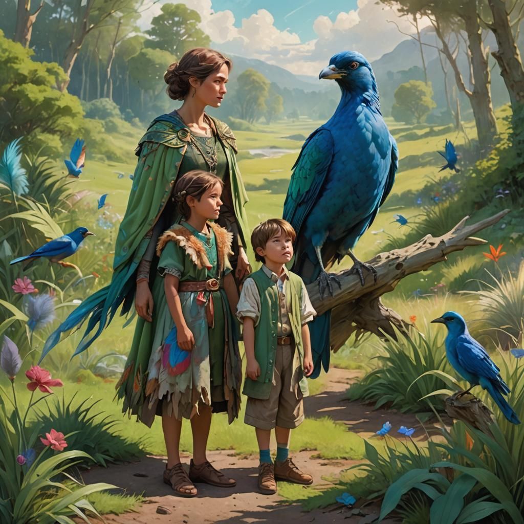 Celtic Woman with Blue Bird in Fantasy Landscape