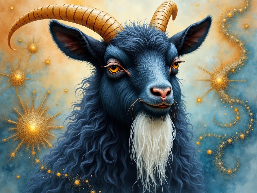 Dreamlike Black Goat Portrait in Chagall Style
