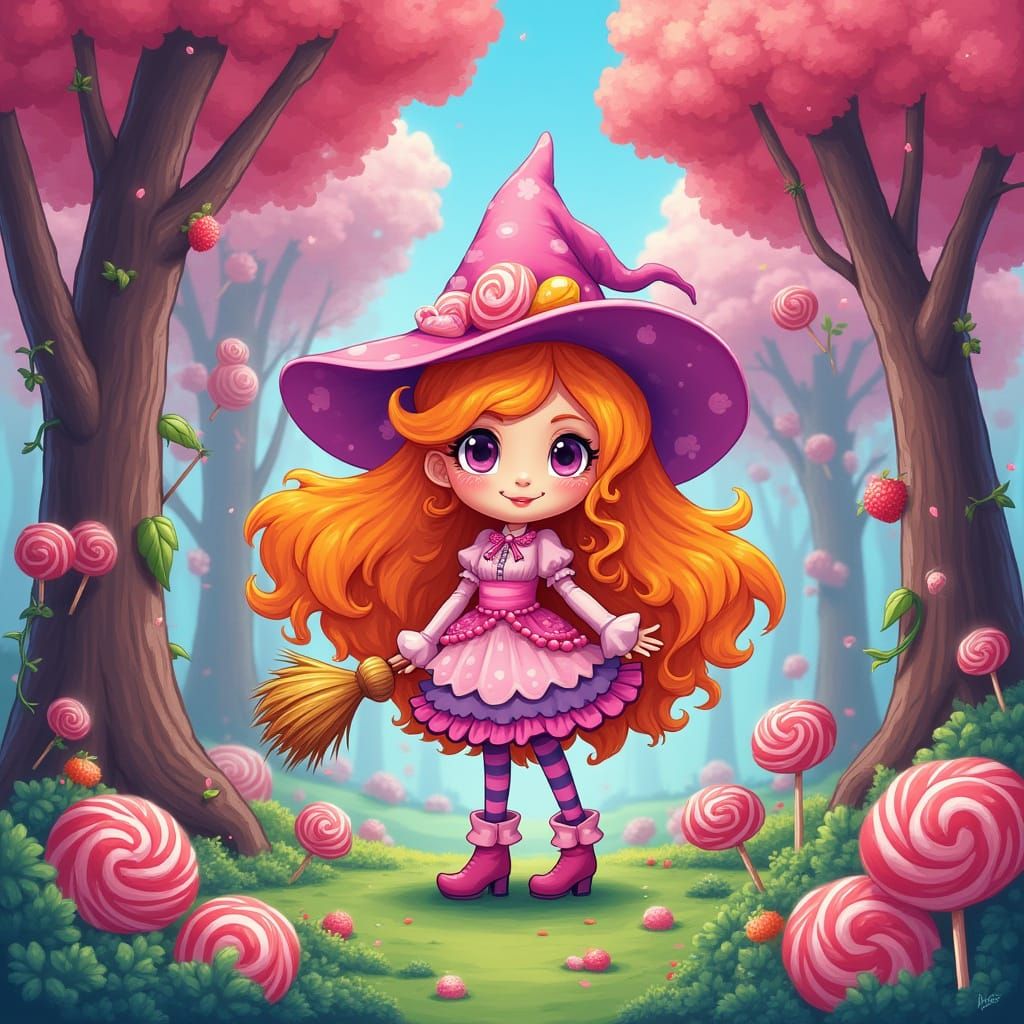 Vibrant Anime Witch in Whimsical Candy Landscape