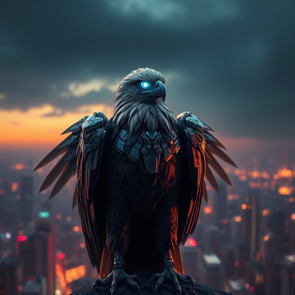 Majestic Futuristic Eagle with Cybernetic Feathers and Glowi...