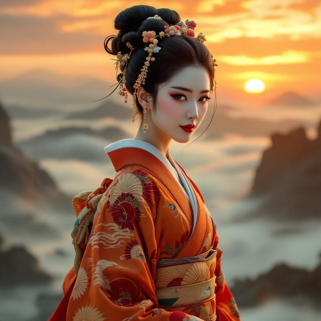 Edo Period Goddess of Dawn in Vibrant Sunrise Splendor