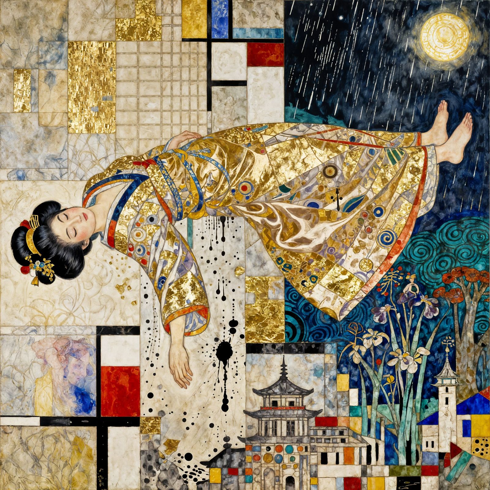 Geisha Princess Dreaming in Bohemian Art Nouveau Style