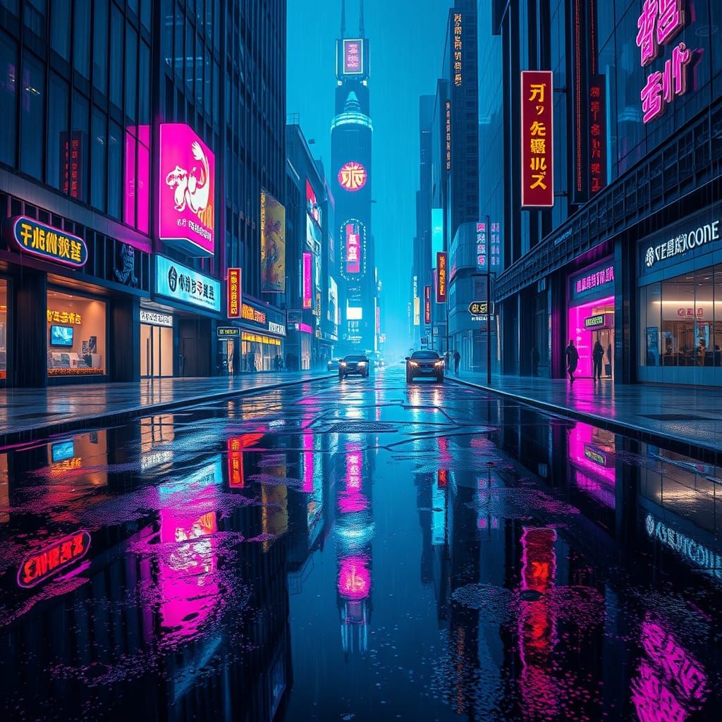 Futuristic City Street Scene in Cyberpunk Style