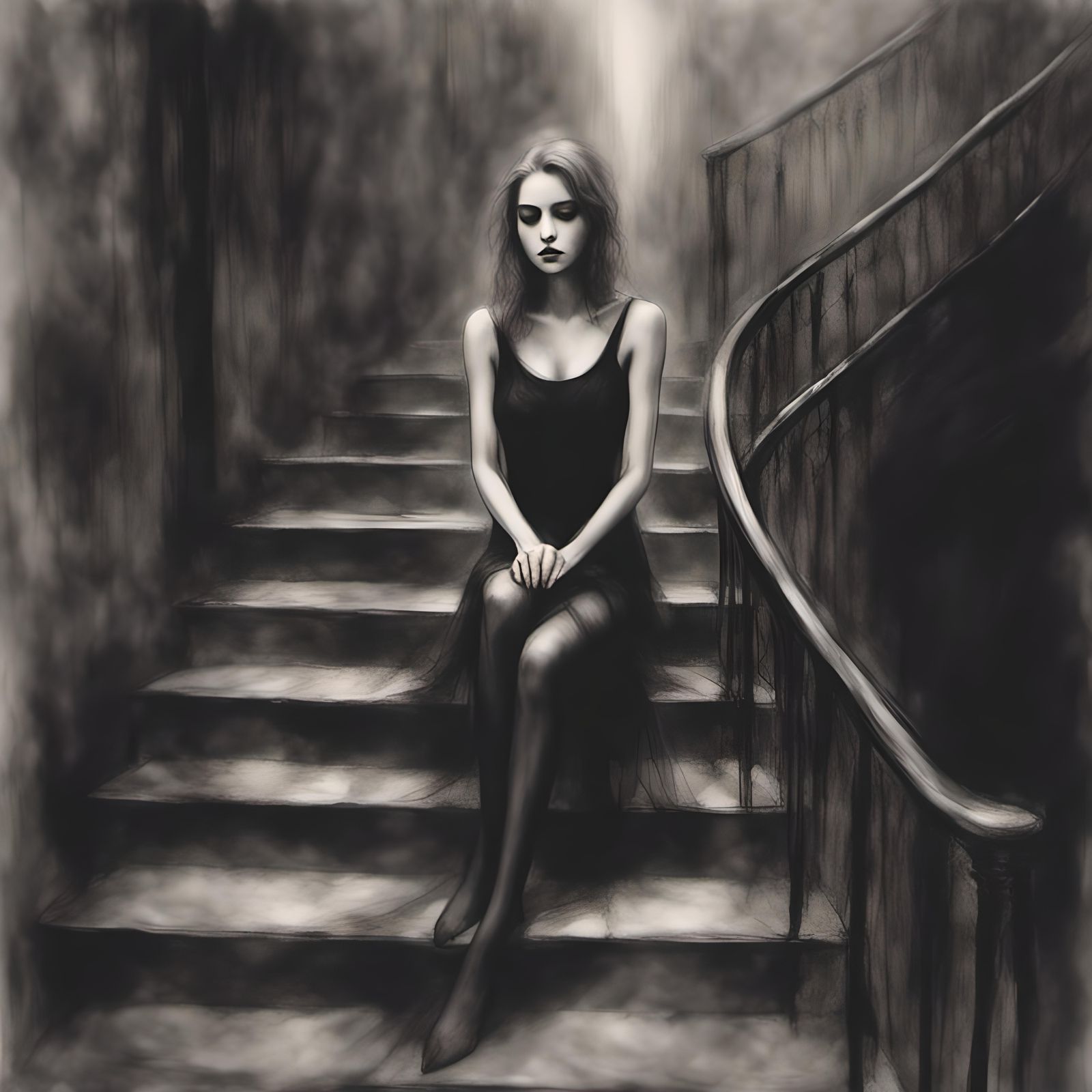 Charcoal Drawing of Woman in Dark Pantyhose
