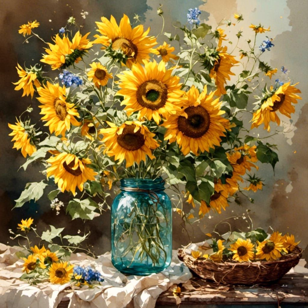 Sunflowers in Canning Jar with Watercolor Effect