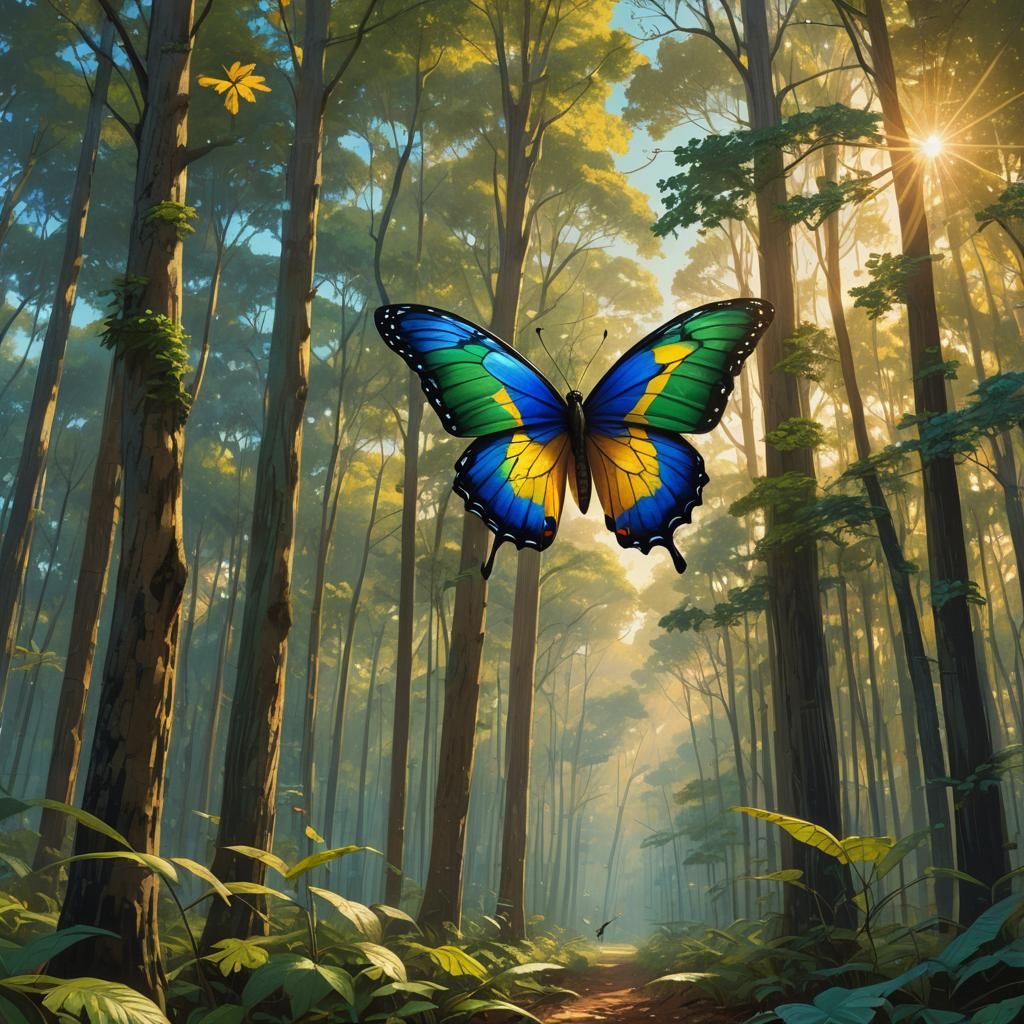 Brazilian Flag Butterfly in Forest, Digital Painting
