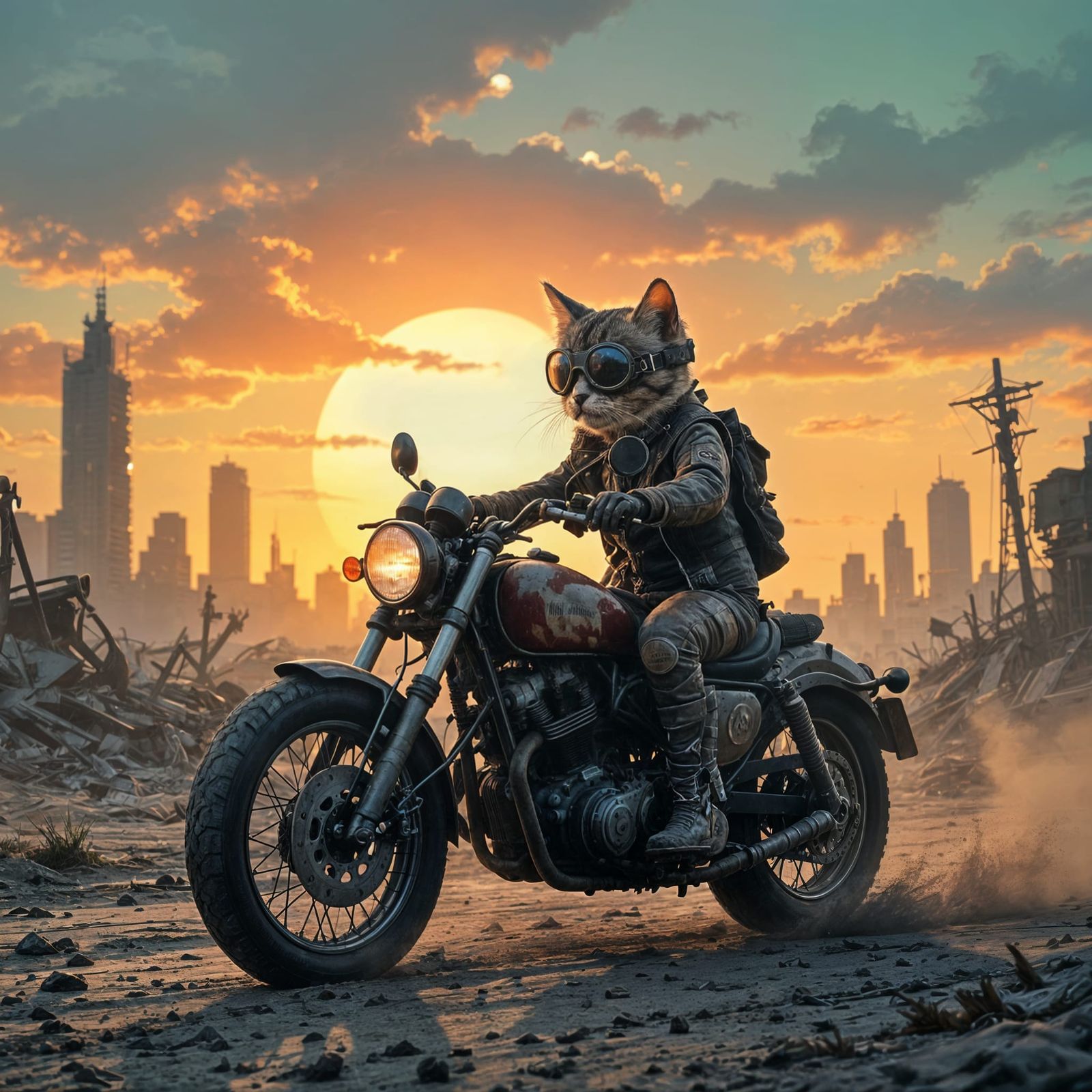 Motorcycle Kitten in Post-Apocalyptic Wasteland at Sunset