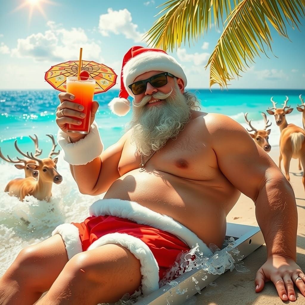Muscular Santa Relaxing on Tropical Beach with Reindeer