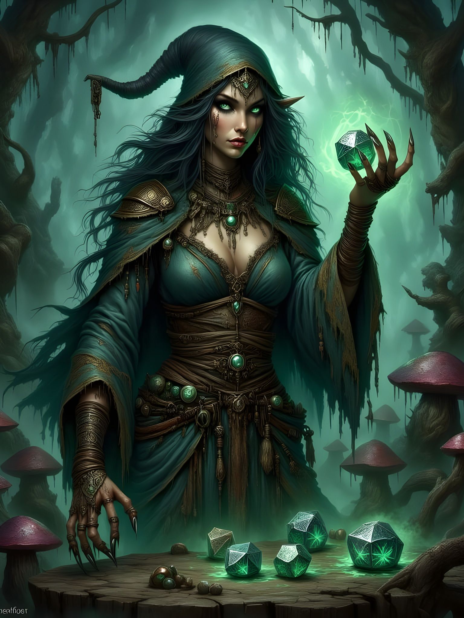 Wood Elf Witch Defends with Emerald Glow in Dark Forest