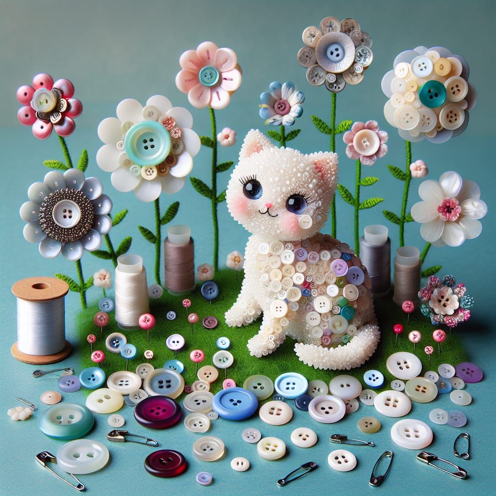 Button Art: Pearl White Cat in Flower Garden