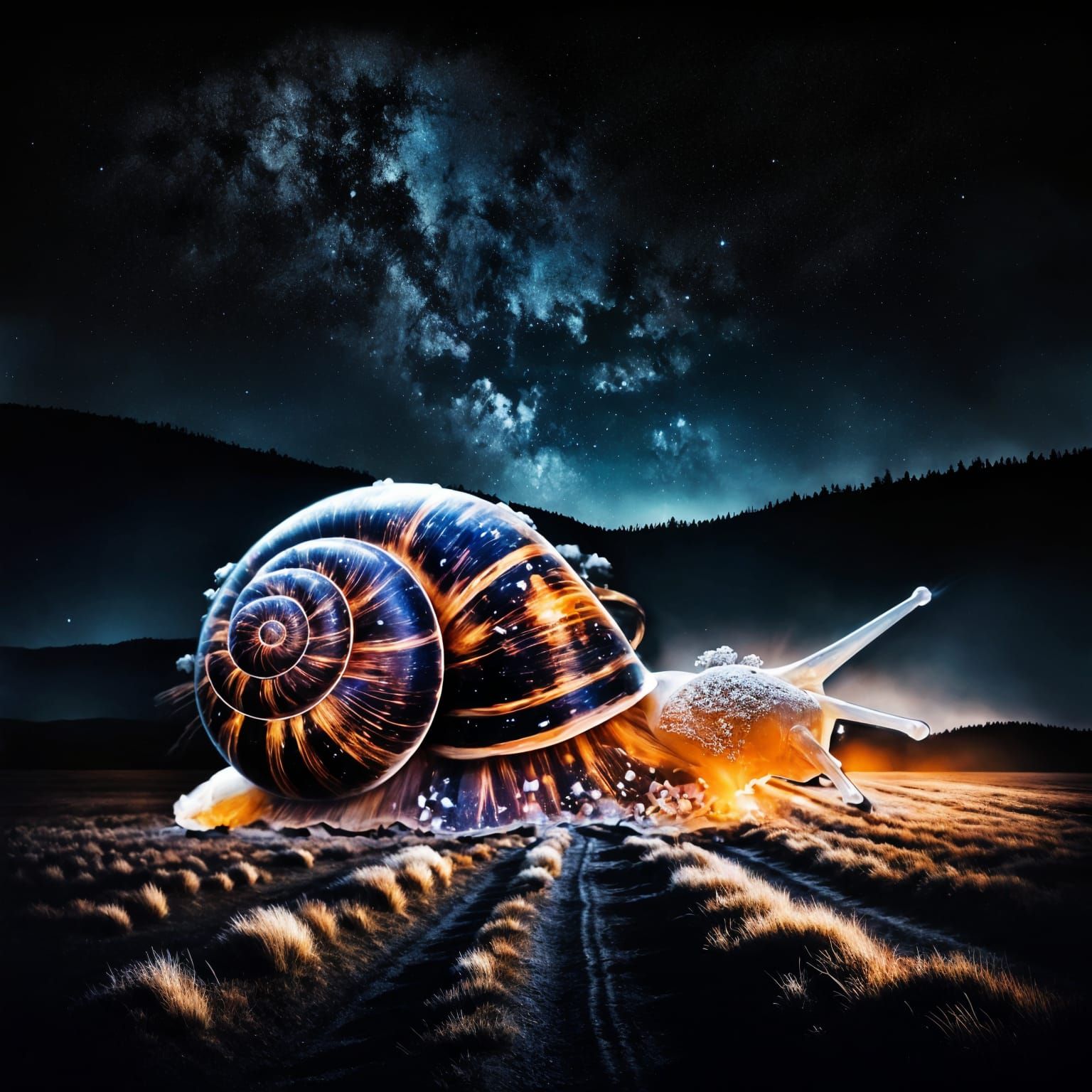 Dramatic Double Exposure: Starry Night Over Dark Plains