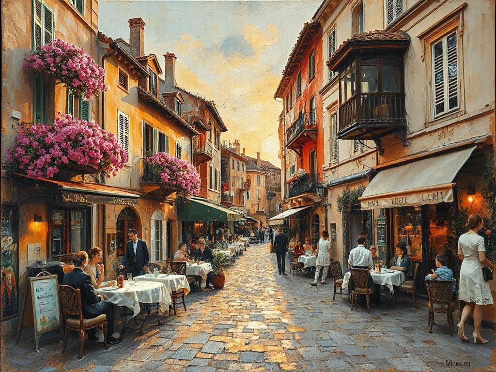 Impasto Village Romance Under Golden Sunset