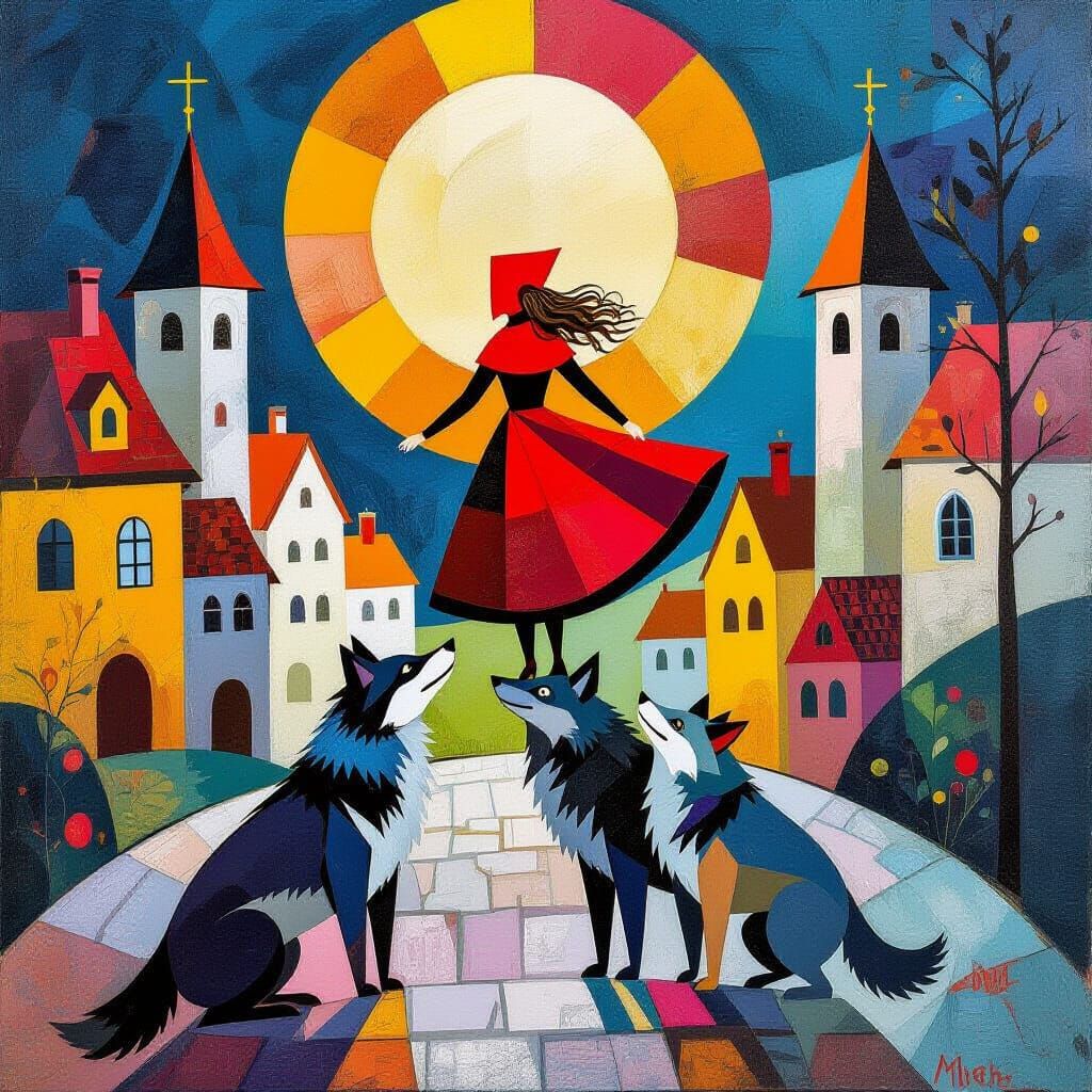 Abstract Little Red Riding Hood Above Wolves in Village Squa...