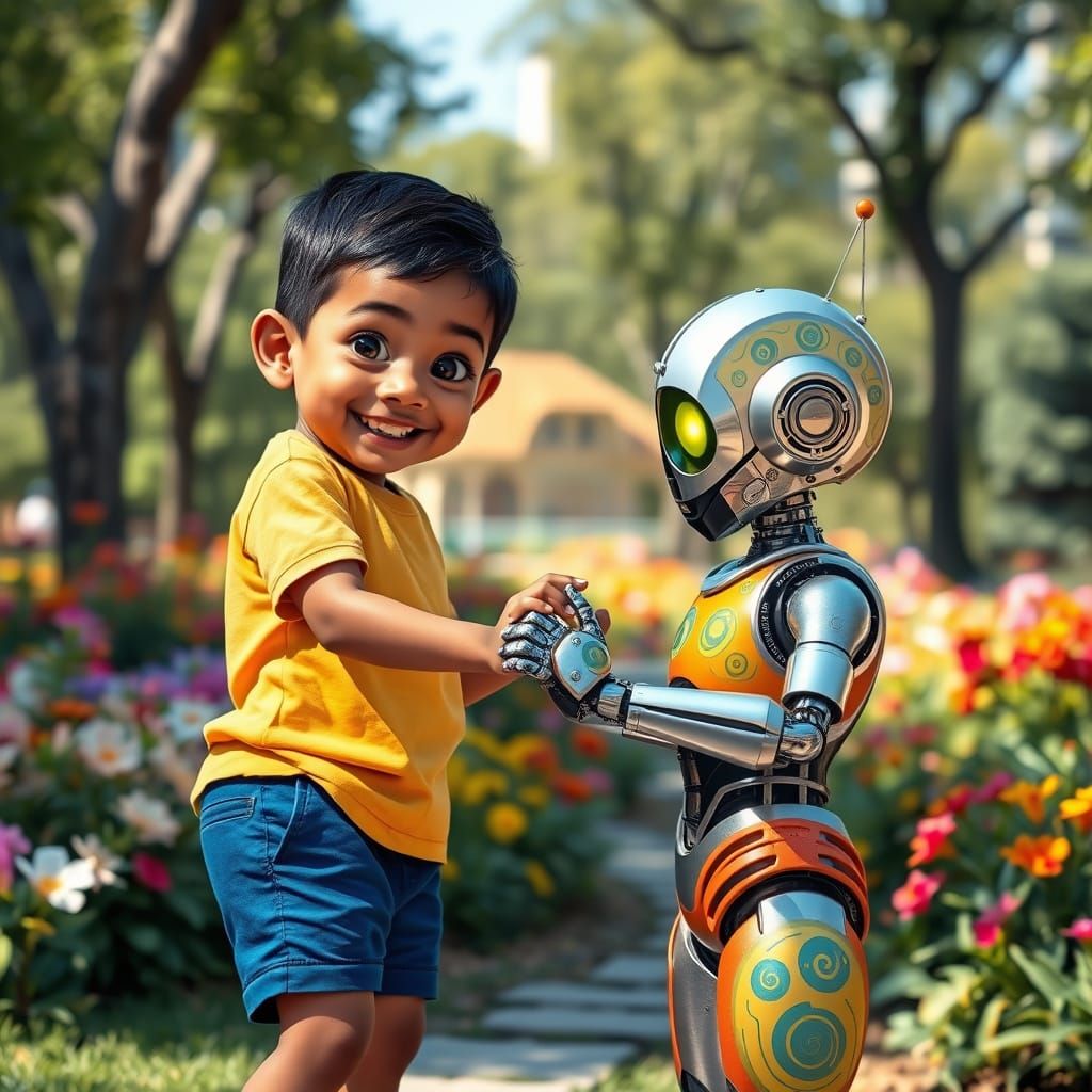 Surreal Futuristic Friendship Unites Human Boy and Robot Gir...