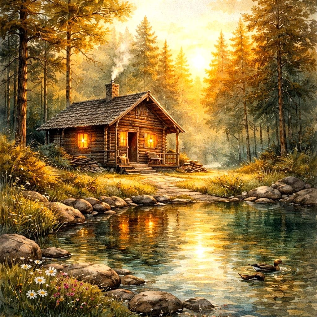 Rustic Cabin by Pond in Golden Hour Watercolor