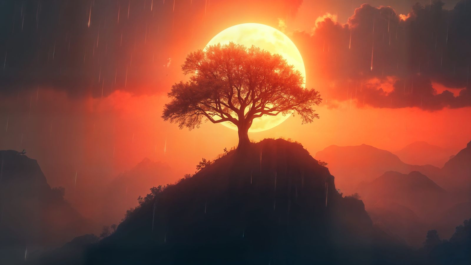 Ancient Chrome Tree in Mysterious Thunderstorm Landscape