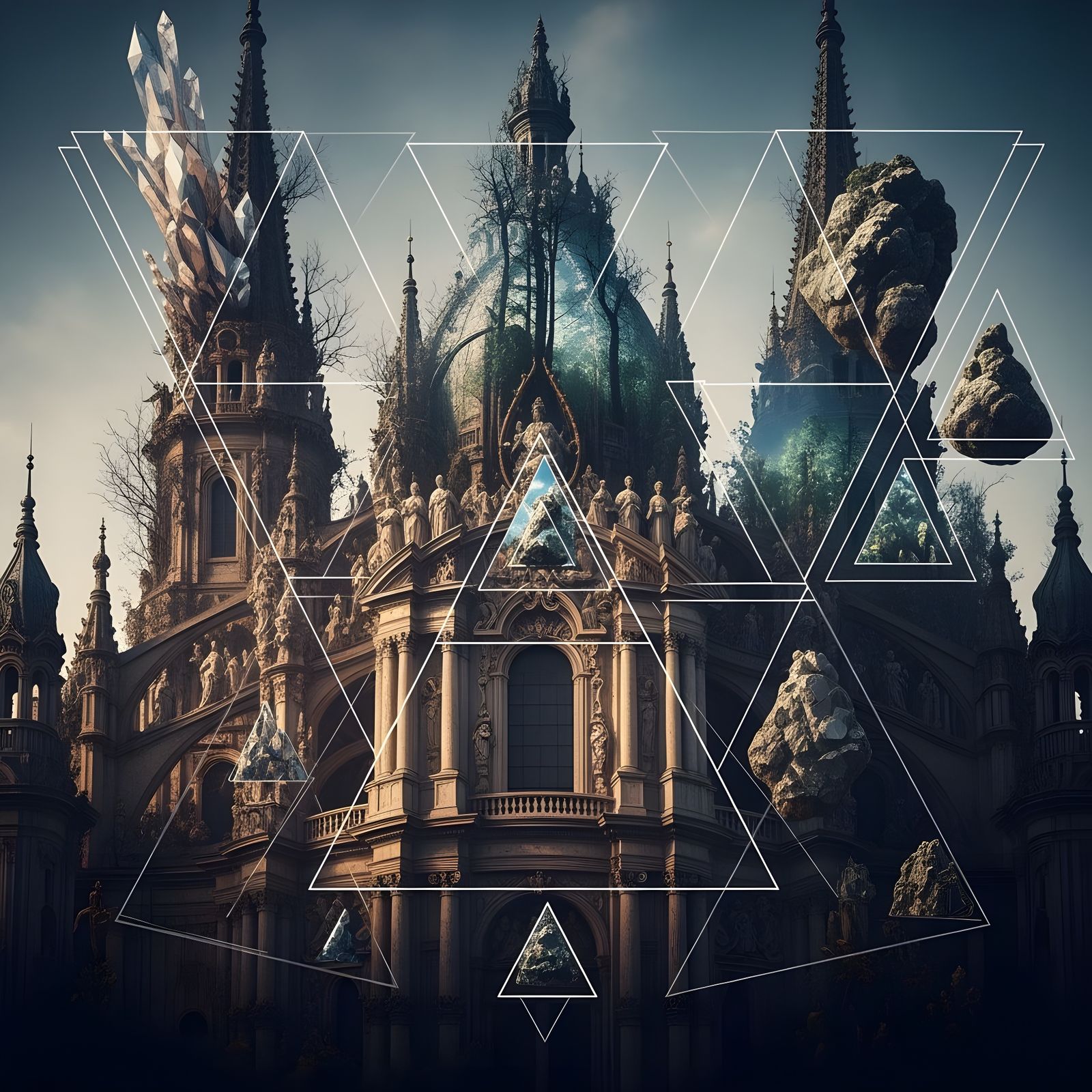Surreal Double Exposure: Ornate Triangles in Rich Colors